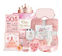 Regalos de cumpleaños número 50 para mujeres, paquete de cuidados, regalos para mujeres de 50 años, caja de 50 cumpleaños, kit de spa relajante con manta de vaso, póster para su mamá, esposa, amiga