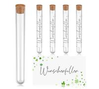Regalos de Dinero Wunscherfüller 5 Tubos de Ensayo Transparentes 5 Papel de Tubos con Estampado de Trébol Tubo de Ensayo con Corcho para Semillas Invitaciones Cupón Cumpleaños Boda Navidad Bautismo