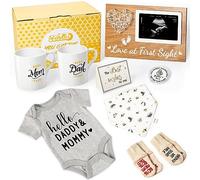Regalos de embarazo para madres por primera vez - Juego de regalo para nuevos padres de familia, cesta de ducha para mamá y papá, marco de ultrasonido para bebé, moneda de decisión, overol, babero y