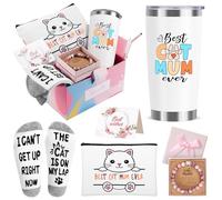Regalos de gato para mujer, cesta temática de amantes de los gatos con taza de 20 onzas, bolsa de maquillaje, pulseras de piedra natural, calcetines para el día de la madre, cumpleaños, Navidad