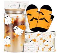 Regalos de Halloween para mujeres, lindo juego de regalos de cumpleaños de Halloween para hermanas, amigas, maestras, rellenos de canasta Boo con vasos de vidrio de 16 onzas