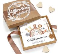 Regalos de nacimiento, regalo personalizado para bebé niña y niño, animales del arco iris tarjeta recién nacido, regalo de dinero de nacimiento con caja de regalo virutas de madera - Bienvenido al