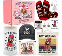 Regalos de pollo, regalos para amantes de los pollos para mujeres, divertidas cosas de pollo con taza de vidrio, bolsa de maquillaje, sombrero de béisbol, calcetines de vela, llavero, aretes para