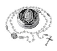 Regalos de primera comunión, collar de rosario de perlas de cristal de 6 mm para mujeres y hombres con Virgen María y cruz, regalos católicos cristianos para mujeres con regalo de bautismo