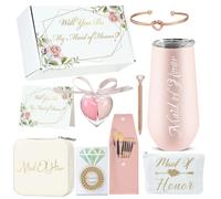 Regalos de propuesta de dama de honor, Will You Be My Maid of Honor, juego de 11 regalos de despedida de soltera, 6 onzas, caja de joyería de viaje de acero inoxidable 304, bolsas de maquillaje