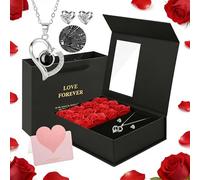 Regalos de rosas preservadas para ella/madre/esposa, caja de joyería de 12 rosas con collar "I Love You" en collar de 100 idiomas y aretes de corazón, regalos románticos para mujeres en el día de San