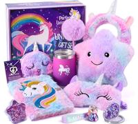 Regalos de unicornio para niñas 4, 5, 6, 7, 8, 9, 10 años, cuaderno de peluche, cojín luminoso, antifaz para ojos, diadema, collar, espejo de arena movediza, juguete para niños y niñas, regalo de 6 a