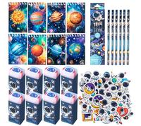 Regalos Fiesta Temática Astronauta, 78Pcs Material Escolar Infantil Espacial Set, 12 lápices, 8 Blocs Notas Espiral, 8 Gomas Borrar, 50 Pegatinas, para Niñas Niños Rellenar Bolsas Fiesta Espacial