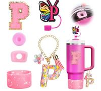 Regalos Niña de Navidad, Accesorios de copa para Stanley Cup - Accesorios de extracción a prueba de fugas Piezas de silicona colgante portavasos pajita cubierta para vaso letra P