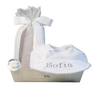Regalos Originales para Bebés Recién Nacidos | Babero bordado con interior plastificado (Babero + 2 Muselinas | Gris) | BebeDeParis