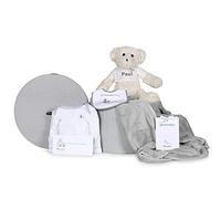 Regalos para Bebes Recien Nacidos Personalizados | Canastilla Unisex con mantita bordada y osito grande | Incluye body y babero | 3 a 6 Meses (Gris) | BebeDeParis