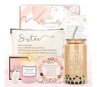 Regalos para hermanas de hermanas, regalos de cumpleaños para hermanas adultas, ideas de regalo para mujeres, juego de regalos geniales con divertida taza de cristal, bolsa de maquillaje única, vela