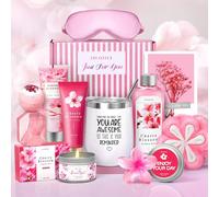 Regalos para mujeres, canastas de regalo de spa para su cumpleaños, baño y cuerpo con 14 copas de vino, fragancia de flor de cerezo, baño de burbujas, gel de ducha, máscara de arcilla, loción, vela