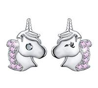 Esberry - Pendientes de tuerca de plata de ley 925 chapados en oro de 18 quilates con diseño de unicornio, circonita cúbica, asimétricos, hipoalergénicos, para niñas y mujeres rosa