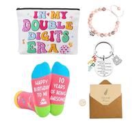 Regalos para niñas de 10 años, incluye: bolsa de maquillaje de cumpleaños colorida + par de calcetines coloridos de 10 cumpleaños + pulsera de 10 años + llavero + juego de sobres, adecuado para una