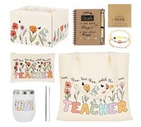 Regalos para Profesora Infantil Guardería, Caja Regalo Agradecimiento con Taza Viaje, Bolso Profesor, Necesser, Cuaderno Notas Profesor, Pulsera, Marcapáginas (Paquete de estampados florales)