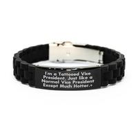 Regalos para vicepresidente: I'm A Tattooed VP, joyería divertida mucho más caliente para él, cierre deslizante ajustable, acero inoxidable negro, silicona, regalos memorables de Navidad para el día