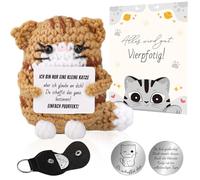 Regalos positivos Gato de ganchillo, gato positivo con tarjeta de motivación, llavero de bolsillo, muñeca de punto hecha a mano, amuleto de la suerte, regalos para amigos y colegas (marrón)