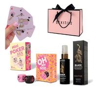 Regalos Sexys By Sexitive: "HOT NIGHT" Kit erótico para parejas. Con juego de dados picantes, mini póker XXX y crema intensificadora, en elegante bolsa rosa. Para una noche ardiente y llena de deseo.