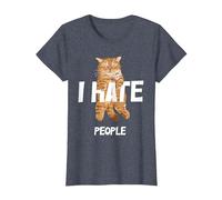 Regalos Vintage para los Amantes de los Gatos, Divertido I Hate People Cat Camiseta, Mujer, Azul Jaspeado, M