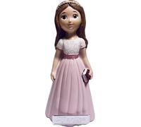 RegalosDeBodaOnline Figura Primera Comunión Niña Tarta GRABADA Muñeca con Biblia y Falda Rosa Personalizado Figuras Pastel Castaña Pelo Largo