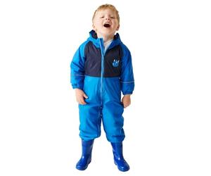 Regatta Mudplay III - Traje impermeable para niños con capucha, reflectante, transpirable, color azul