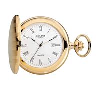 REGENT Reloj de bolsillo para hombre Savonnette Tapa abatible 47 MM Cuarzo Esfera Blanca Números Romanos Fecha, P-738-oro, Clásico
