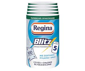 Regina Blitz Toallas para el Cuidado del Hogar, 5 Rollos de 100 Hojas cada uno, Toalla de Papel de 3 Capas, Hojas Maxi, Embalaje de papel, Certificado FSC, Celulosa pura, Certificación NIZP-PZH