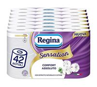 Regina Sensation - 42 rollos de papel higiénico, 160 tiras suaves de 3 capas, suave y resistente, con extracto natural de algodón, 60% plástico reciclado