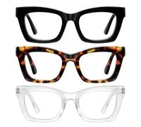Reglaaly Gafas de bloqueo de luz azul para mujeres/hombres, paquete de 3 anteojos falsos rectangulares negros con marco retro, lentes de luz azul para mujer, Paquete de 3 negro+leopardo+transparente