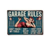 Reglas De Garaje Vintage De Pin-Ups: Herramienta Divertida para La Cueva del Hombre Placa Metálica Decoración Letrero De Lata Vintage Letreros De Estaño para Pared Clube Jardín 20X30Cm