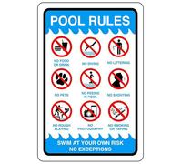 Reglas de piscina: no natación, no buceo, no navegar, aguas profundas. Plástico rígido de 1,2 mm para uso en interiores y exteriores (300 mm x 200 mm). Distancia de visión dentro de 7 m.
