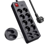 Regleta 12 Enchufes Proteccion Sobretension con USB C, Regleta 12 Tomas con Interruptor, Ladron Enchufes Multiples con 2 USB-C y 2 USB-A, Alargador Tomadas Power Strip Pared, 1,5m Cable, Negro