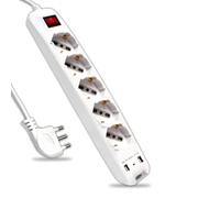 Regleta con Cable 1,5 m 5 Tomas 10/16 A bipaso + Shuko y 2 USB y Interruptor Luminoso Enchufe 16 A, Blanco