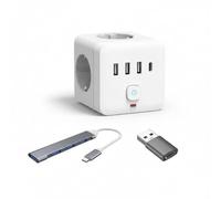 Regleta Cubo 7 en 1 (Blanco) con 3 Puertos USB, 1 USB-C y 4 Tomas EU - Accesorios Incluidos: Hub 4 Puertos USB + Adaptador Tipo C a A