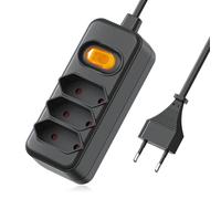 Regleta de 3 enchufes con interruptor | Enchufe plano con cable de 2 m, 1 a 3 enchufes europeos para el hogar y la oficina, 625 W, 250 V/2,5 A, negro