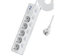 Regleta de 5 enchufes con 4 USB de carga rápida, regleta KEPLUG con protección contra sobretensiones, conmutable individualmente, enchufe plano con interruptor, montaje en pared, durabilidad, oficina