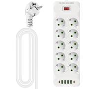 Regleta de alimentación con 10 plegables - 4 conectores de carga USB + 2 Tipo-C, caja de distribución montada en pared con interruptor y 2 m Cable para Oficina