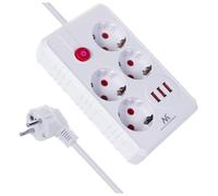 Regleta de enchufes Maclean, Cable alargador de 4 Tomas + 3xUSB, 110-240 V CA 50/60 Hz, 2,1 A máx. 2500 W, 3 m, Blanco, MCE393 W