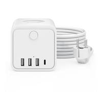 Regleta de enchufes múltiple de 3 Compartimentos con 1 USB-C y 3 USB-A, Enchufe múltiple con Interruptor de Ahorro de energía, Cable de extensión de 2M para la Oficina, el hogar
