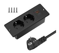 Regleta de enchufes retráctil de sobremesa con 1 USB y 1 Type-C, regleta de enchufes integrada con Cable de 2 m, Enchufe de sobremesa de Doble Clavija para escritorio o encimera - Negro
