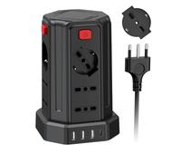 Regleta eléctrica con 12 Tomas universales 10/16 A ITA y Schuko y 3 USB A+1 USB C protección contra sobretensión con 4 interruptores Independientes, Negro