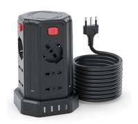 Regleta eléctrica de 5 m con 12 tomas universales ITA y Schuko, 4 USB | 12 tomas múltiples, 10/16 A CA, protección contra sobretensión, alargador eléctrico, 4 interruptores independientes