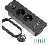 Regleta empotrable con USB, 2 tomas de mesa con USB, 4 en 1, triple toma empotrada con cable de extensión de 2 m con interruptor, para oficina, hogar, negro