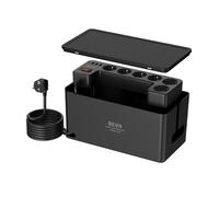 Regleta Enchufe con Caja Organizadora de Cables, BEVA Caja para Cables, Ladron Enchufe con 3 USB-A y 1 USB-C, Regleta Protección Sobretensiones, 2M Cable, 3680W 16A, Negro
