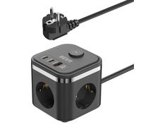 Regleta Enchufe Cubo, BEVA Ladron Enchufe con 2 USB C(20W) y 1 USB A(18W), 3 Tomas de AC, Enchufe Multiple con Interruptor para Oficina, Habitación y Viajar, 1.5M Cable