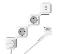 Regleta Enchufes 2 Tomas con USB Enchufe Plano | Certificado TÜV GS, egleta distancia ajustable, para accesorios de oficina, cocina, alargador 1,5 m, Blanco