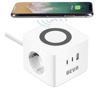Regleta Enchufes Carga Inalámbrica, BEVA Enchufe Cubo con 2 TomasCA y 2 USB C + 1 USB A, Ladron Enchufe con Interruptor Independiente, Regleta USB para Oficina, Hogar y Viajes, Cable de 1.5M