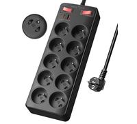 Regleta Enchufes con Interruptor, 10 Tomas Franceses, Carga Rápida USB C PD de 20 W y Protección contra Sobretensiones para Casa y Oficina, Cable de 2 m, Negro