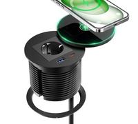 Regleta Enchufes Empotrable con USB C PD 30W, Enchufe Empotrable Mesa con 15W de Carga Inalámbrica, Enchufe Encastrable Encimera para Mesa, Oficia, Casa, Cable de 2 m, Negro